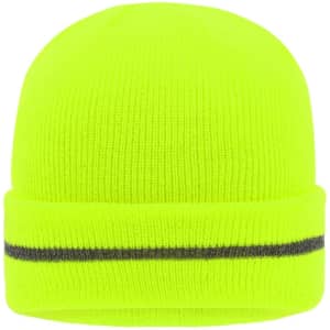 A bright yellow reflective beanie with a grey stripe along the brim. Features a logo on the side.