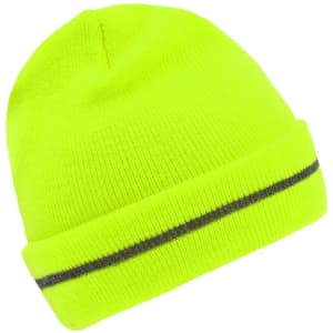 A reflective beanie in bright yellow with a grey stripe, featuring a logo on the side.
