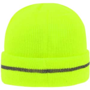 A reflective beanie in bright yellow with a grey stripe around the base. Features a logo on the side.