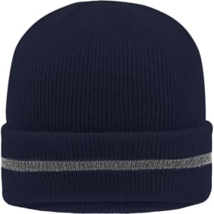 A navy blue beanie with a reflective silver band, featuring a logo on the front.