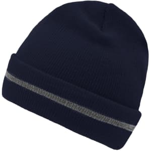 A navy beanie with a reflective silver stripe, featuring a logo on the side.