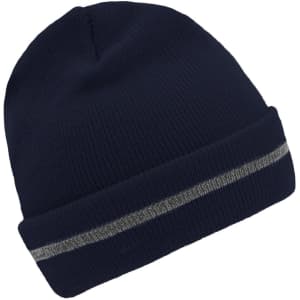 A navy beanie with a reflective grey stripe. The item features a logo on the side.