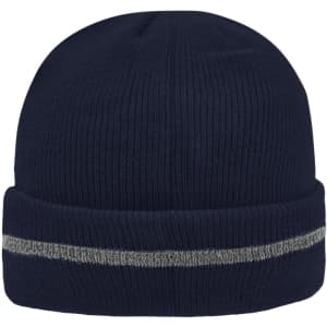 A navy reflective beanie featuring a light grey stripe, knitted with a soft texture and a simple design.