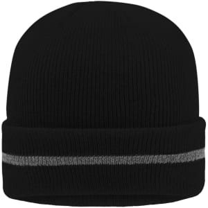 A black beanie featuring a reflective grey stripe and a logo on the front.