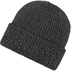 A black winter beanie with reflective threads and a folded cuff, featuring a logo.