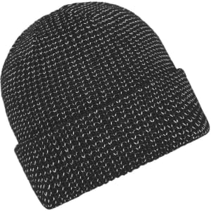A reflective black winter beanie with a textured knit pattern and a cuffed design. It features branding.