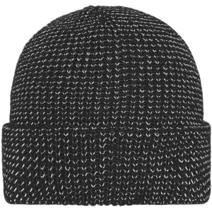 A reflective winter beanie in black with a textured knitted design and a logo.