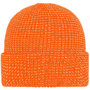 A reflective winter beanie in bright orange, featuring a knitted texture and a folded brim. It has a branding logo.