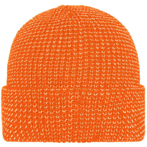 A reflective winter beanie in bright orange, featuring a knitted texture and a cuffed design. It has a logo.
