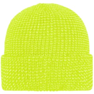 A reflective winter beanie in bright yellow, featuring a knitted texture and a folded brim. It has a logo.