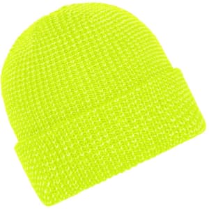 A reflective winter beanie in bright yellow with a ribbed texture and a fold-over cuff, featuring a branding logo.