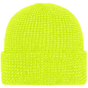 A reflective winter beanie in bright yellow, featuring a knitted design and a folded cuff.