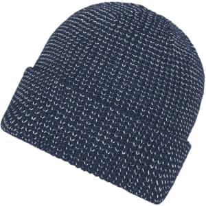 A reflective winter beanie in navy blue featuring a textured knit design and a folded cuff.
