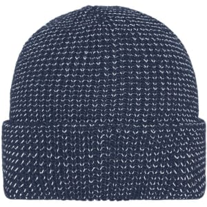 A navy blue reflective winter beanie featuring a textured knit design and a turned-up cuff. It has a logo branding.