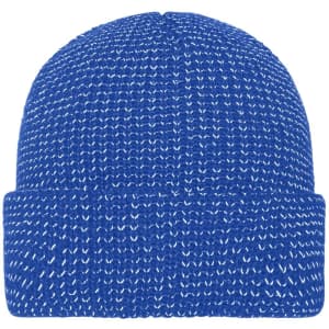 A reflective winter beanie in vibrant blue with a textured knit pattern and a folded cuff.