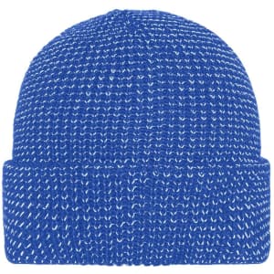 A blue reflective winter beanie with a folded cuff and a textured knit pattern, featuring a logo.