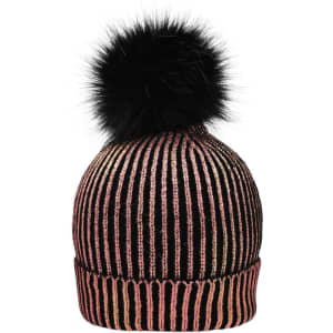 A ladies metallic beanie featuring a pink and black striped design with a fluffy black pom-pom on top.