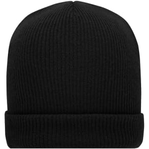 A soft knitted winter beanie in black with a ribbed texture and turned-up cuff, featuring a logo.