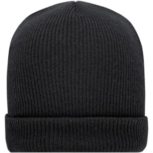 A soft knitted winter beanie in black with a ribbed texture and a folded cuff. It features a branding logo.