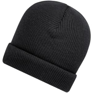 A soft knitted winter beanie in black, featuring a ribbed texture and a folded cuff.