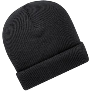 A soft knitted winter beanie in black, featuring a ribbed design and a folded cuff.