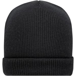 A soft knitted winter beanie in black, featuring a ribbed texture and a folded cuff. It has a logo on the side.