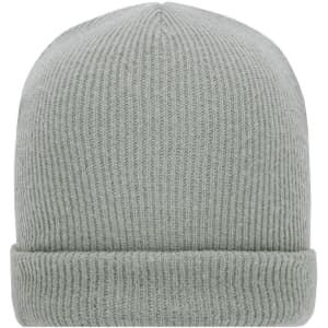 A soft knitted winter beanie in a light grey colour with a rolled brim and ribbed texture.