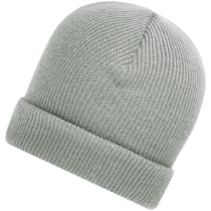 A soft knitted winter beanie in a light grey colour with a rolled cuff. Features a logo on the side.