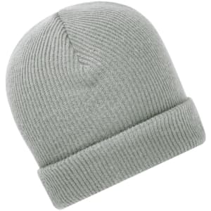 A soft knitted winter beanie in a light grey colour with a ribbed texture and a rolled cuff.