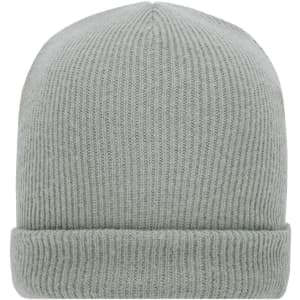 A soft knitted winter beanie in a light grey colour, featuring a ribbed design and rolled cuff.