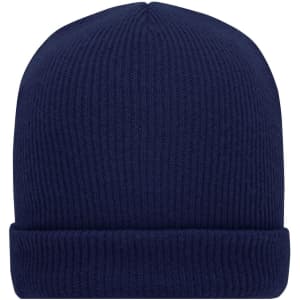 A soft knitted winter beanie in navy blue with a ribbed texture and a turned-up cuff.
