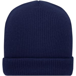 A soft knitted winter beanie in navy blue with a rolled cuff at the bottom. It features a logo on the side.