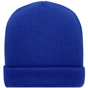A soft knitted winter beanie in a vibrant blue colour, featuring a ribbed texture and a folded hem.