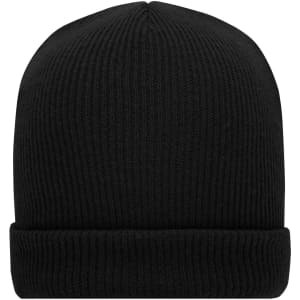 A soft knitted winter beanie in black with a ribbed texture and a turned-up cuff.
