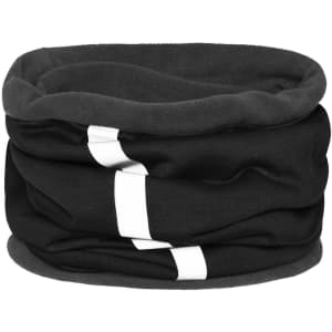 A black winter tube scarf featuring a white stripe design and a soft, inner lining. It has a logo present.