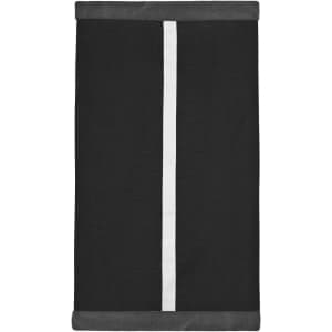 A black scarf with a white stripe down the centre and grey trim, featuring branding on the fabric.