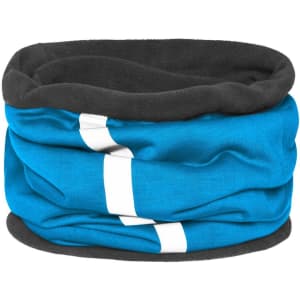 A tube scarf featuring blue and black colours with a white stripe design, suitable for winter wear.