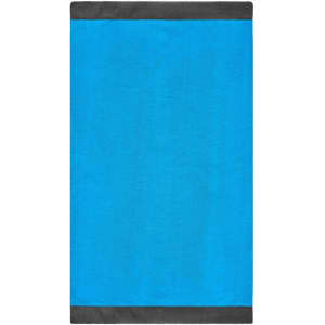 A bright blue scarf with dark grey borders, featuring a logo at one end.