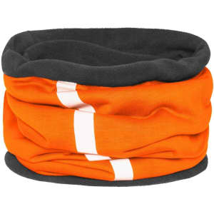 An orange and black tubular scarf with a textured finish and white stripe detail. It features a logo.