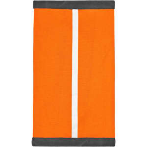 An orange scarf with a white stripe down the centre and grey trim, featuring a branding logo.
