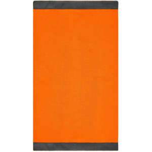 An orange scarf with grey trim and a logo.