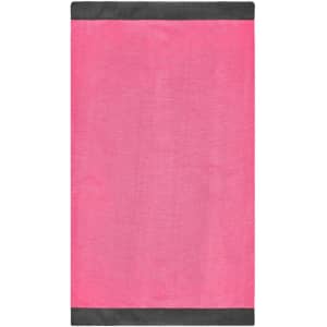 A pink scarf with black edges, designed as a winter accessory. It has a logo at one corner.