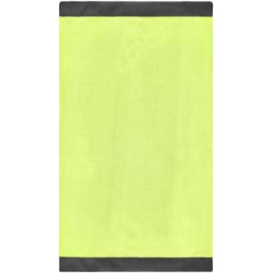 A bright yellow scarf with dark grey borders, featuring a logo. Ideal for winter accessories.