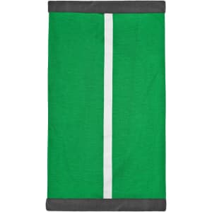 A green scarf with a white stripe and grey trim, featuring a logo on one side.