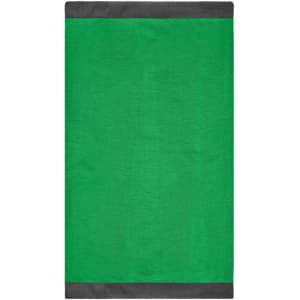 A green scarf with a dark grey border, featuring a logo at the edge.