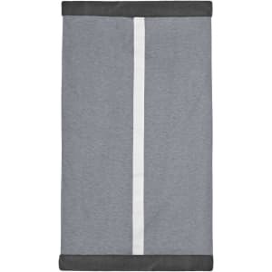 A grey scarf with a white centre stripe and darker grey ends. It features a logo.