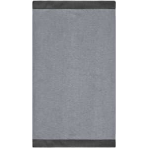 A grey scarf with darker grey borders, featuring a subtle textured pattern. It has a logo in one corner.