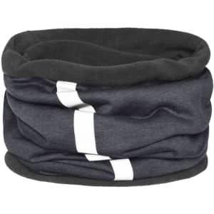 A grey and black fleece scarf featuring a white stripe design and a soft, textured fabric. It has a logo.