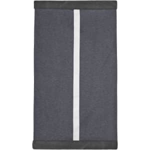 A grey scarf with a white central stripe, featuring a logo on one side.