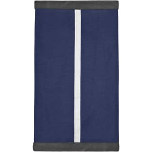 A navy blue scarf with a white stripe and grey borders, featuring a logo. Suitable for winter wear.